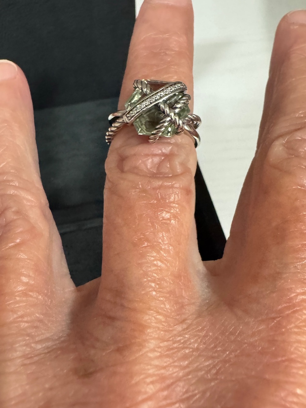 David Yurman Silver Ring with Light Green Gem and Pavé Diamonds
